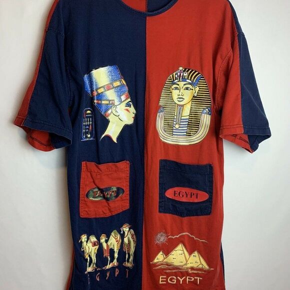 Cotton Club Made In Egypt Split Navy Blue Red Split Pharaoh Sleep T-Shirt Large - Picture 1 of 5